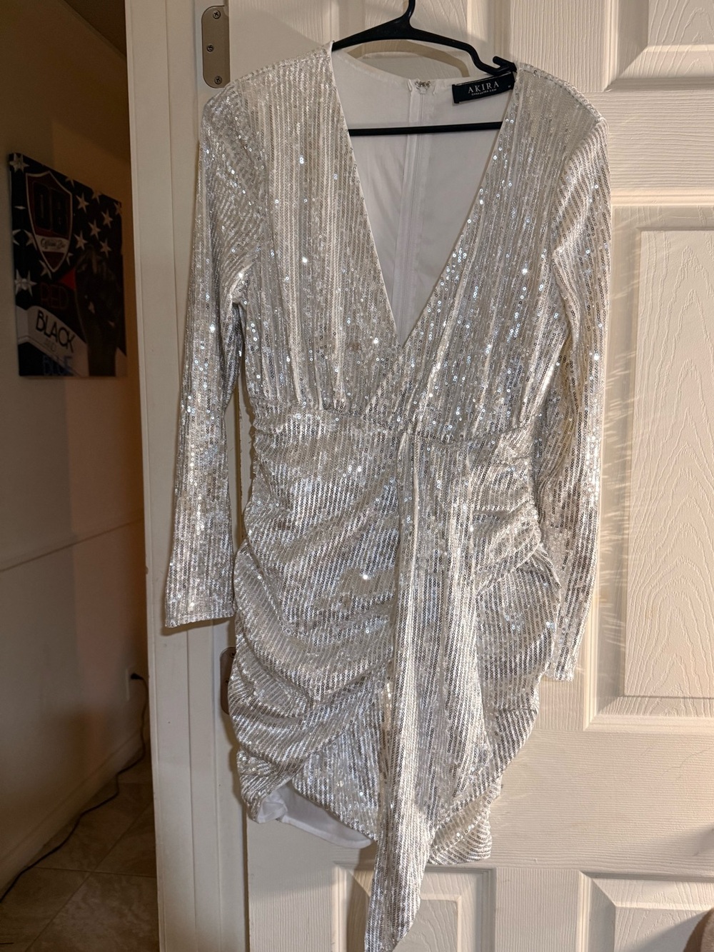 Akira Silver Sequin Mini Dress Long Sleeve Plunging V-Neck Ruched Medium M